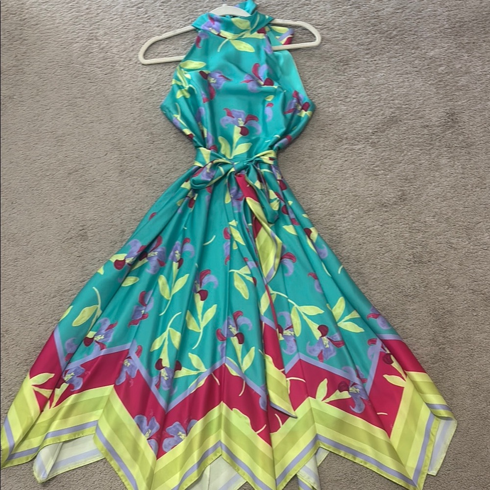 Tahari Teal and Magenta Floral Scarf Dress